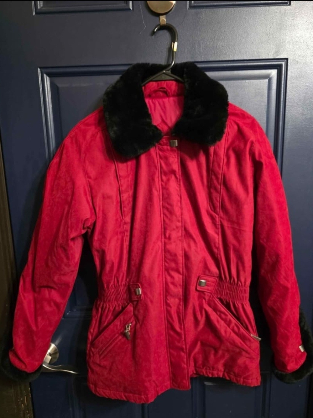 Women’s Red Jacket with Black Faux Fur Collar